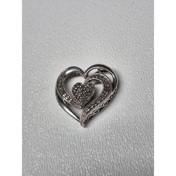 VTG Sterling Silver Faux Diamonds Inlay Double Heart Pendant - Picture 1 of 4